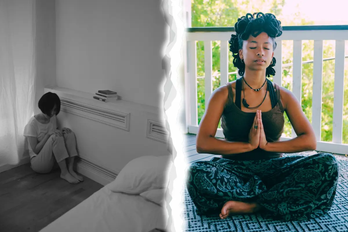 Una mujer aislada y una mujer meditando. Foto: Canva