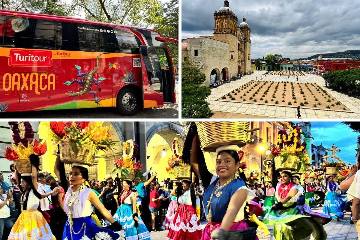 Bailarinas de la Guelaguetza, turibús e iglesia. Foto: Turibús | Canva
