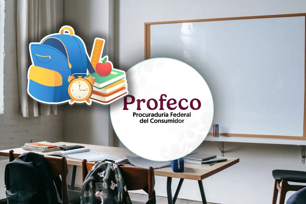 Salón de clases, logo de Profeco, mochila y útiles escolares.    Foto: FB Profeco | Canva