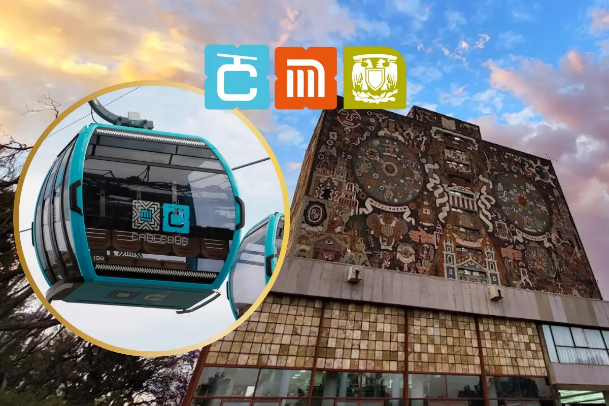 Imagen del Cablebús frente a la biblioteca de la UNAM en CDMX. Foto: Blanca Elizabeth Montalvo | @MICablebusCDMX | Canva