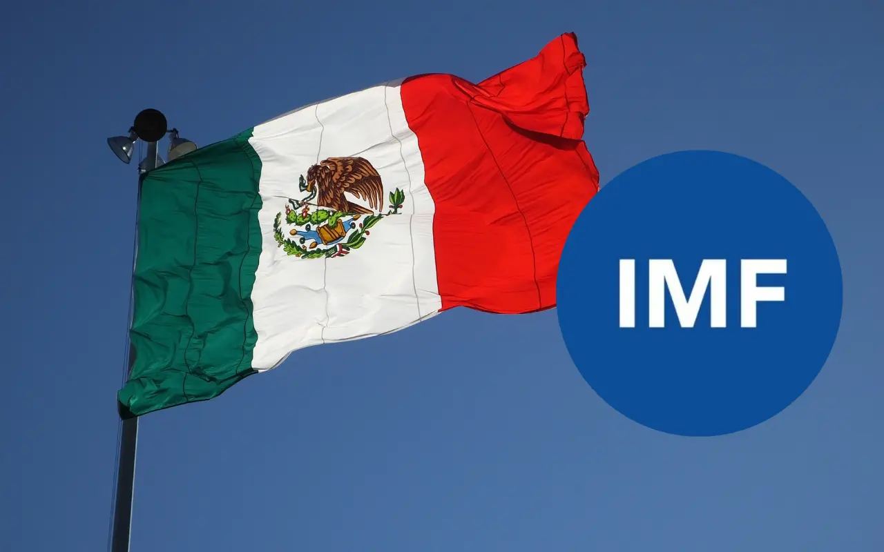 Bandera de México y logo del FMI. Foto: Canva / X (@FMInoticias)