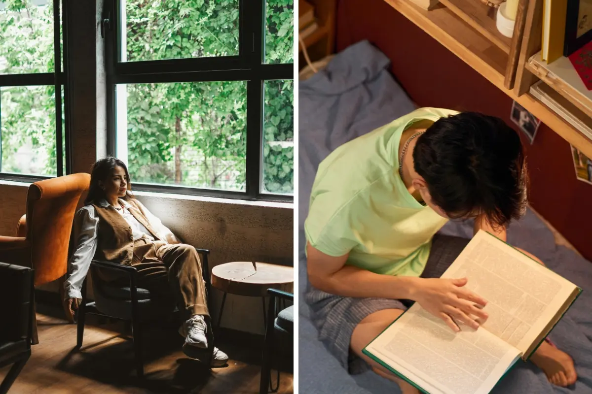 Una mujer en un café y un hombre leyendo. Foto: Canva