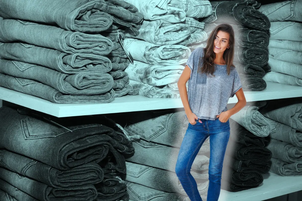 Un estante de pantalones y una mujer. Foto: Canva