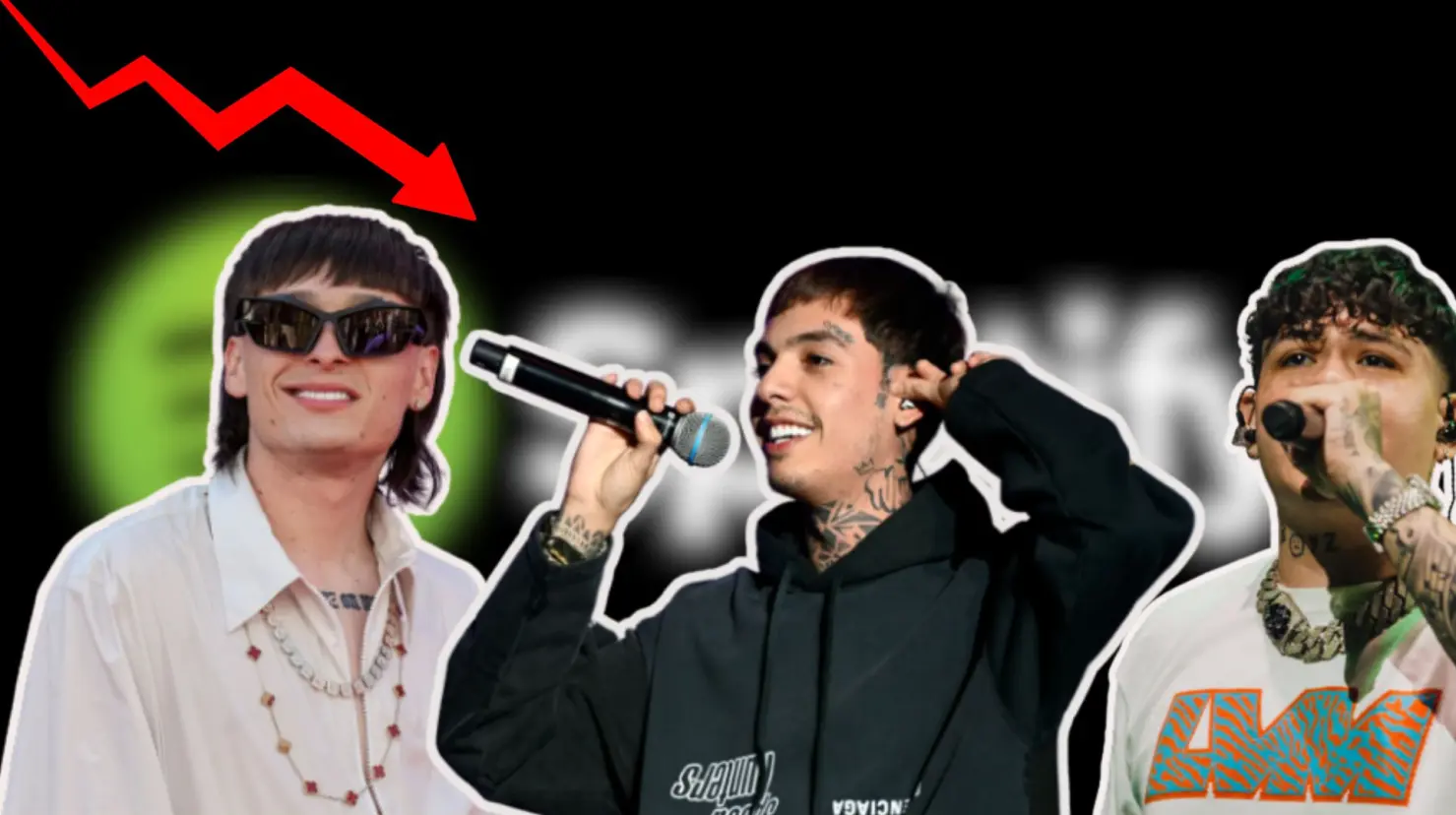 Según Spotify cantantes como Peso Pluma, Natanael Cano y Junior H han tenido una baja en el consumo de sus canciones en los últimos dos meses. Foto. Canva.