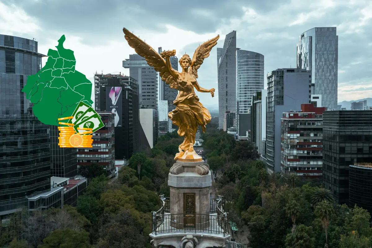 Paisaje del Ángel de la Independencia en CDMX, mapa de CDMX y dinero. Foto: Canva
