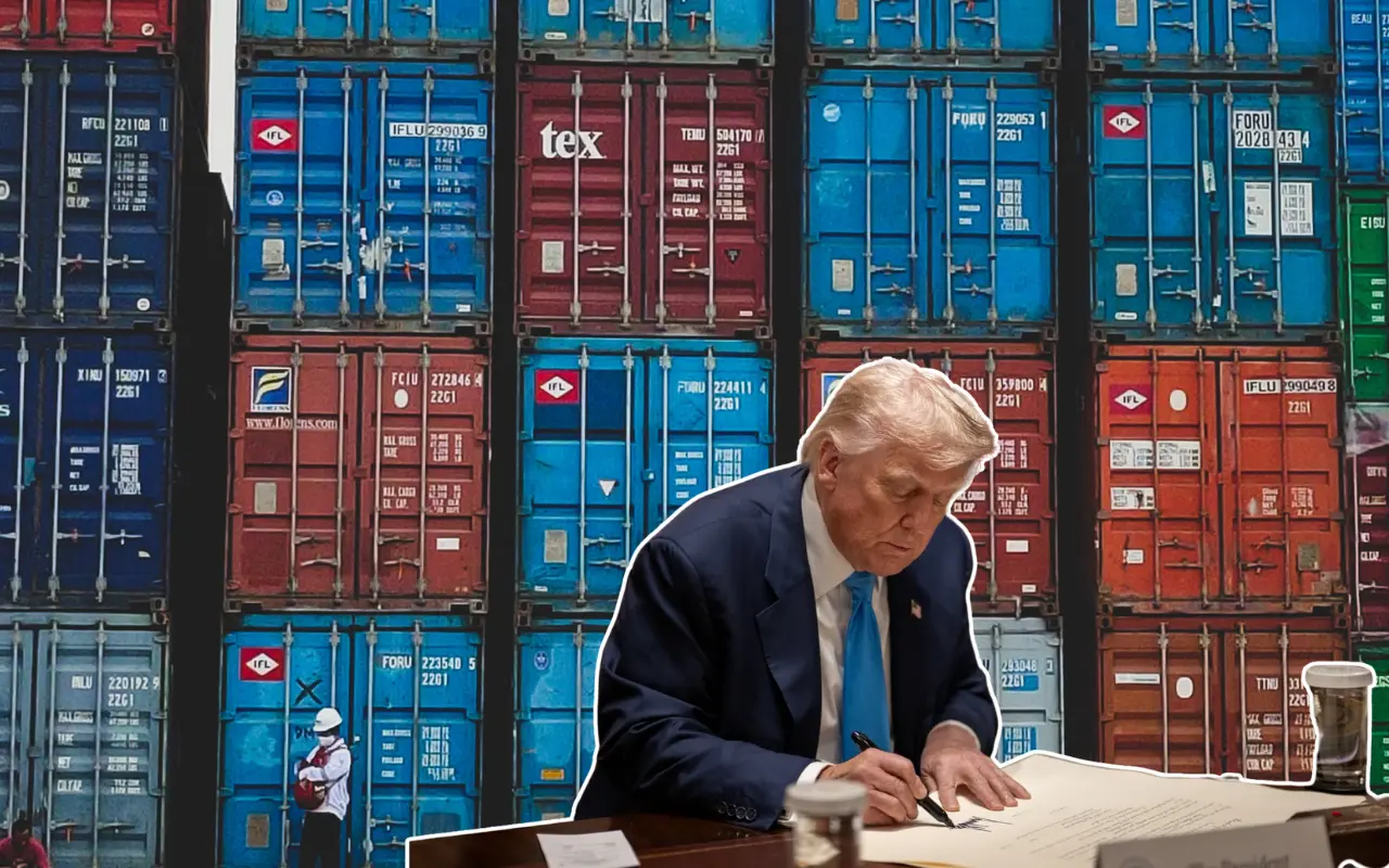 Cajas de transporte de mercancias y Donald Trump. Foto: X (@WhiteHouse) / Canva