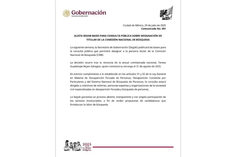 Comunicado de la Secretaría de Gobernación sobre la o el nuevo titular de la CNB | Foto: Perla Herrera