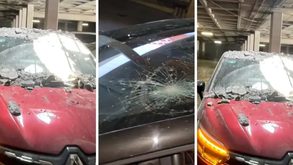 Concreto cae sobre vehículo en Plaza Adana; dueño denuncia daños I VIDEO
