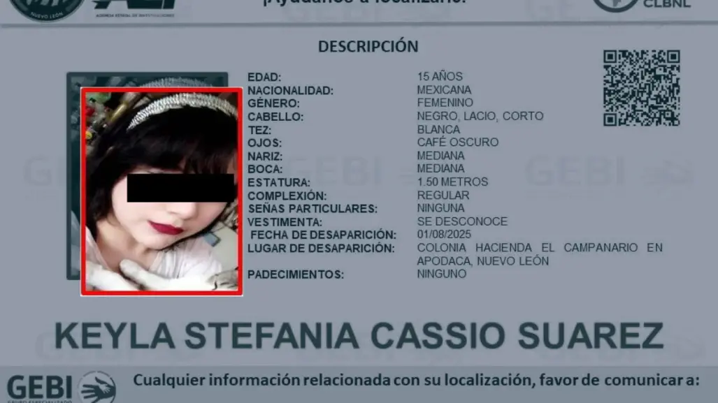 Solicitan el apoyo a la ciudadanía para localizar a una menor desaparecida en Apodaca