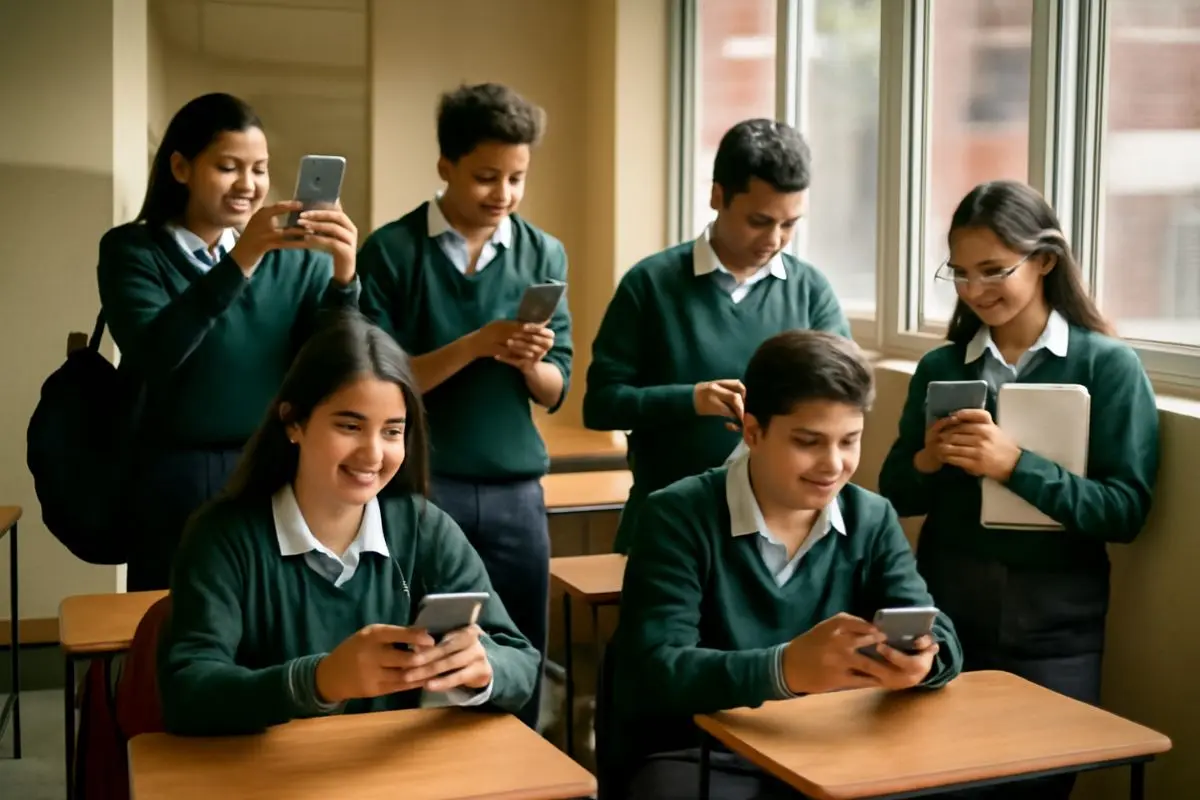 Estudiantes en escuela de CDMX usando celulares. Foto: ChatGPT
