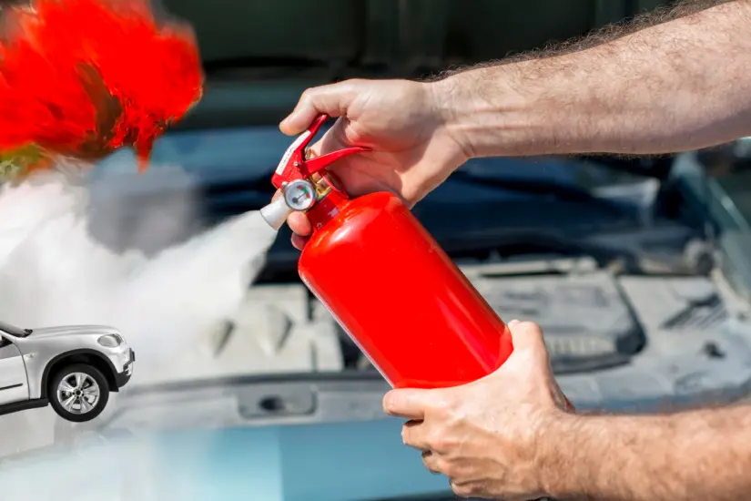 Hombre intentando apagar incendio con extintor. Foto: Canva