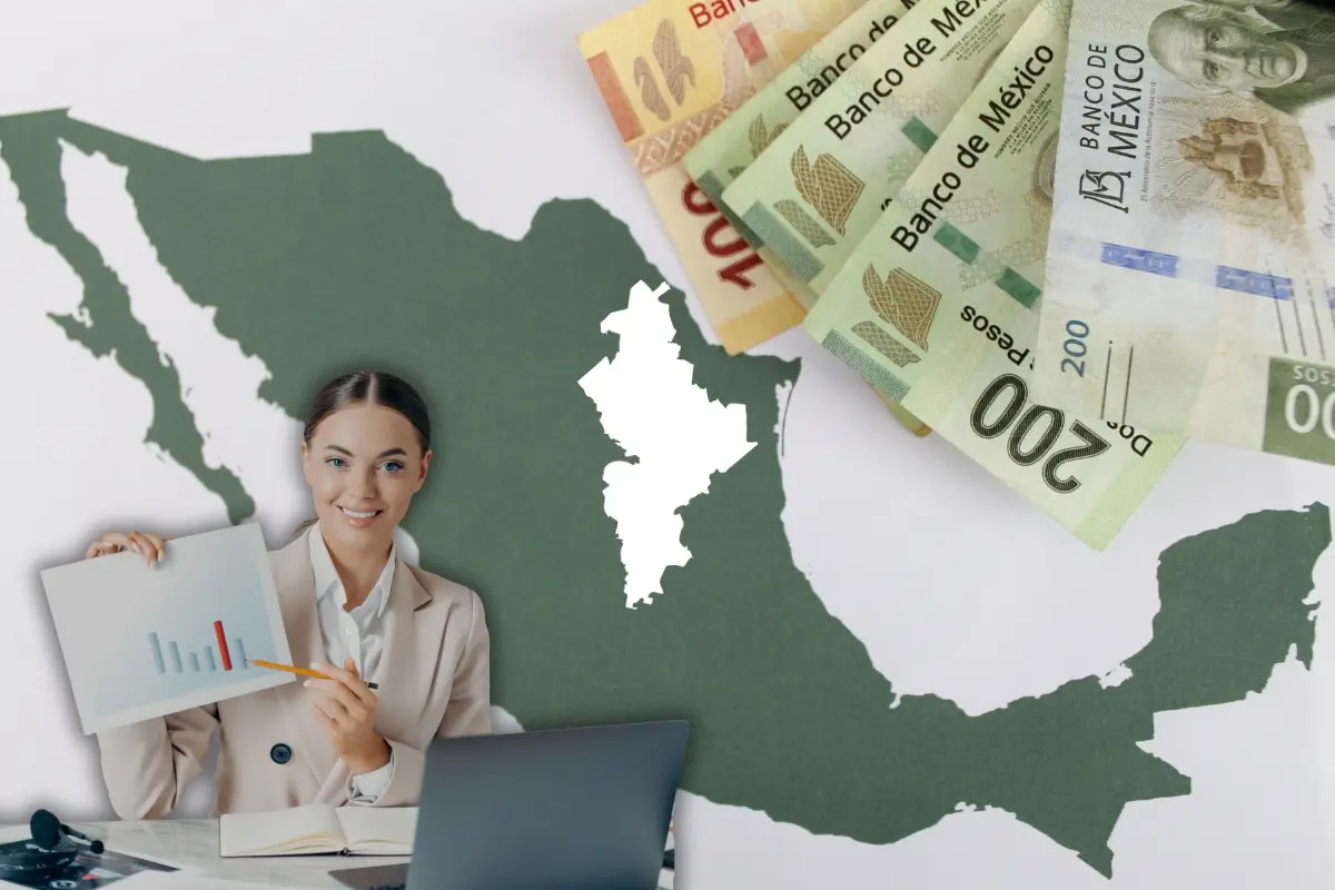 Mapa de México, Nuevo León, dinero y una mujer mostrando grafica. Foto: Canva