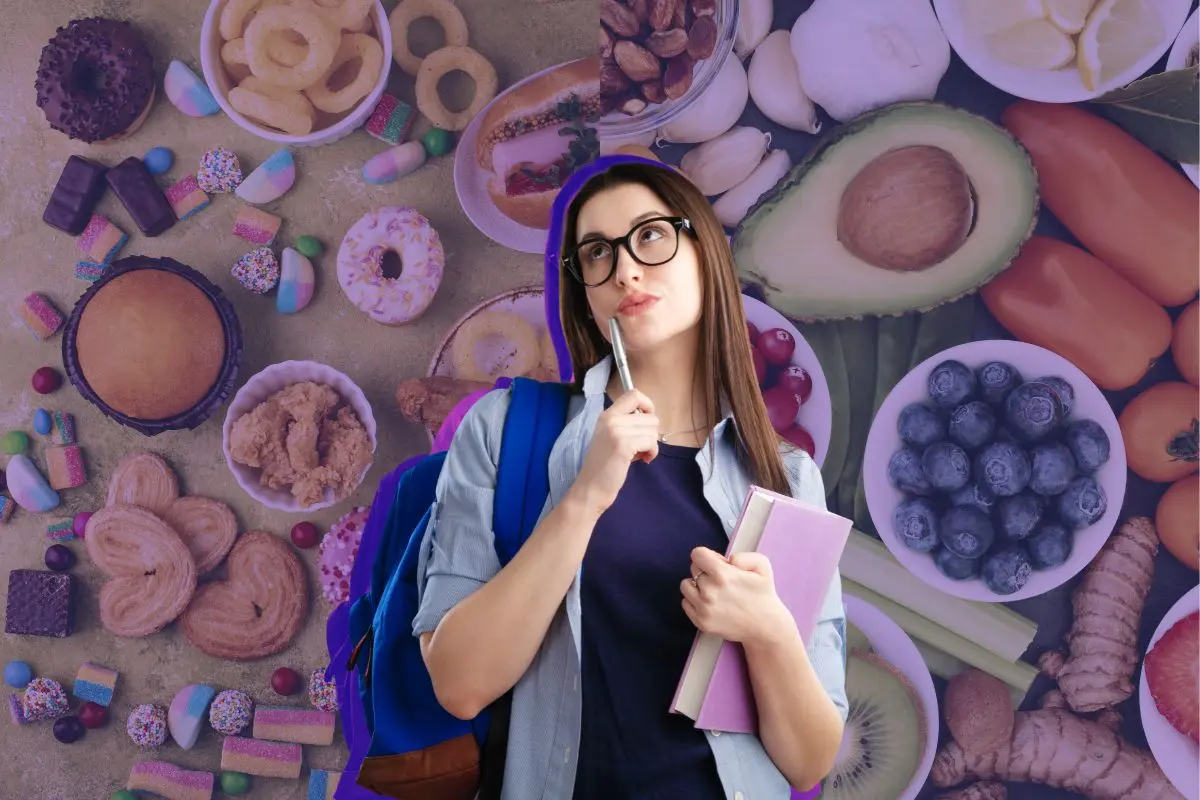 Estudiante pensando y de fondo comida chatarra y saludable Foto: Canva