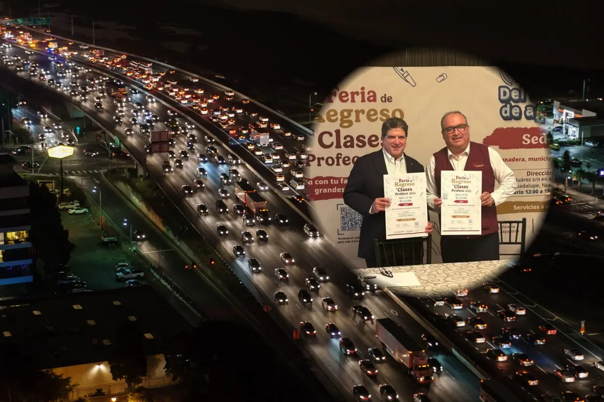 Tráfico en una avenida y representantes de Canaco Monterrey. Foto: Composición Canva