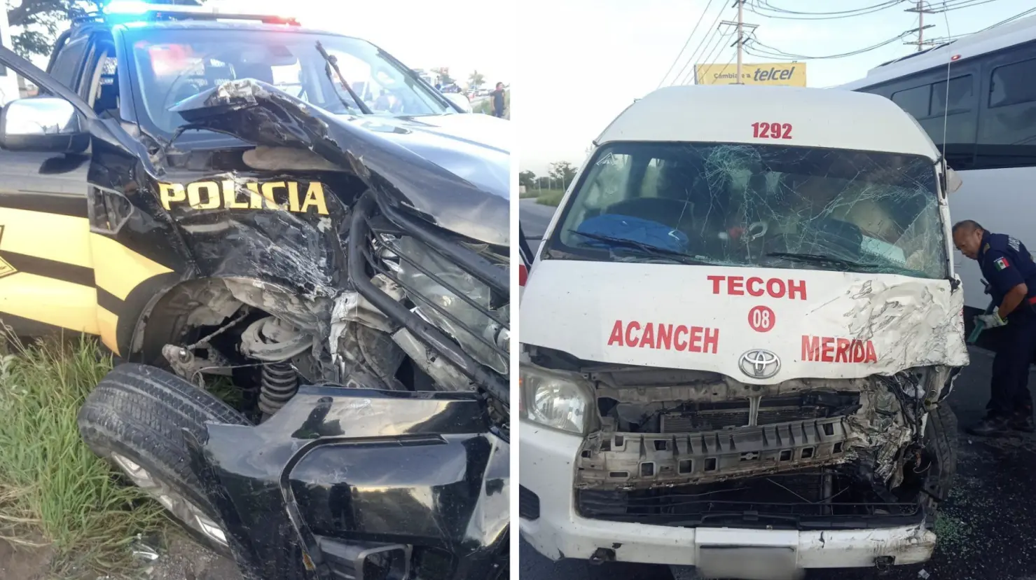 Al menos 13 lesionados fue el saldo de un accidente registrado la mañana de este jueves en la carretera Mérida-Cancún que involucró a una unidad de la SSP y un taxi colectivo.- Fuente SSP