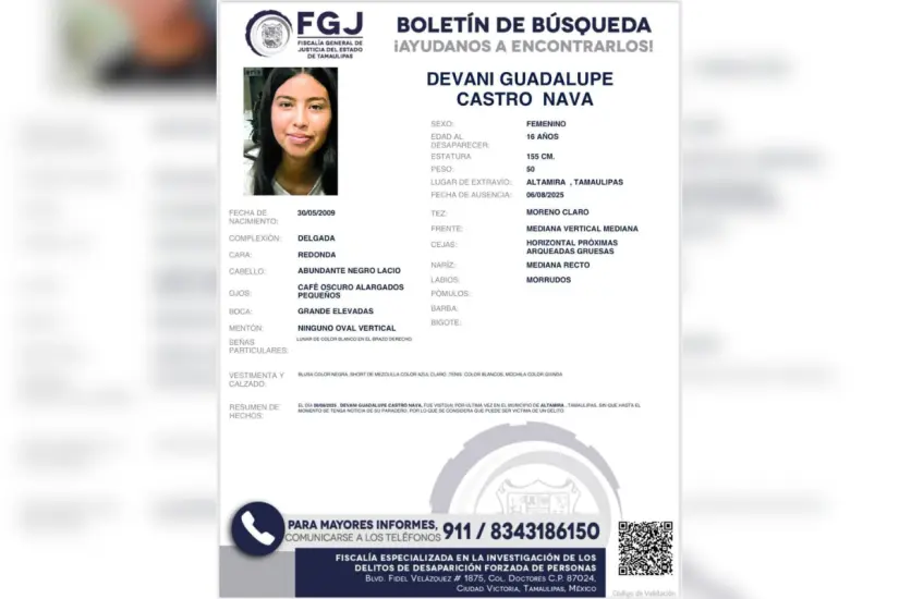 Ficha de búsqueda de adolescente que permanece desaparecida en Altamira. Foto: FGJT