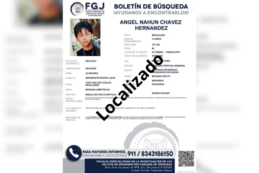 Ficha de búsqueda de adolescente desaparecido en Altamira. Foto: FGJT