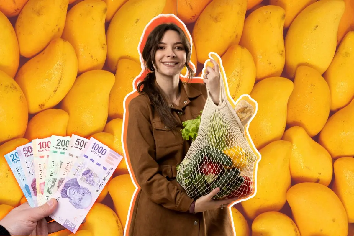 Mango de fondo con una mujer sosteniendo una bolsa de red y dinero en efectivo Foto: Canva