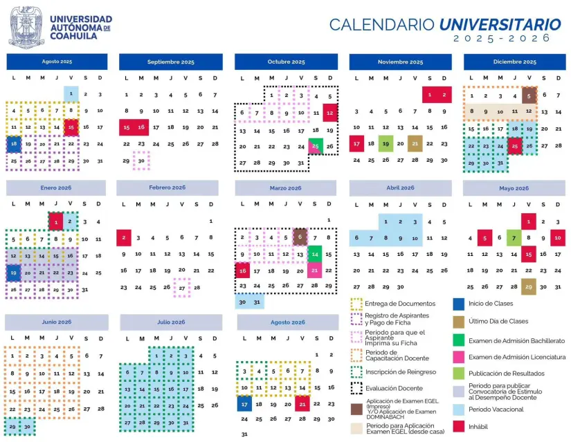 Así se ve el calendario del ciclo escolar 2025 - 2026 en la UAdeC / Foto: UAdeC