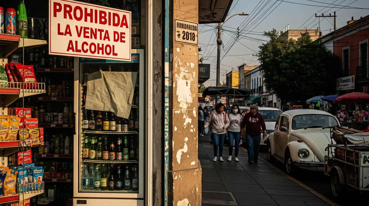 Tienda en Xochimilco con Ley Seca. Foto: creada con IA