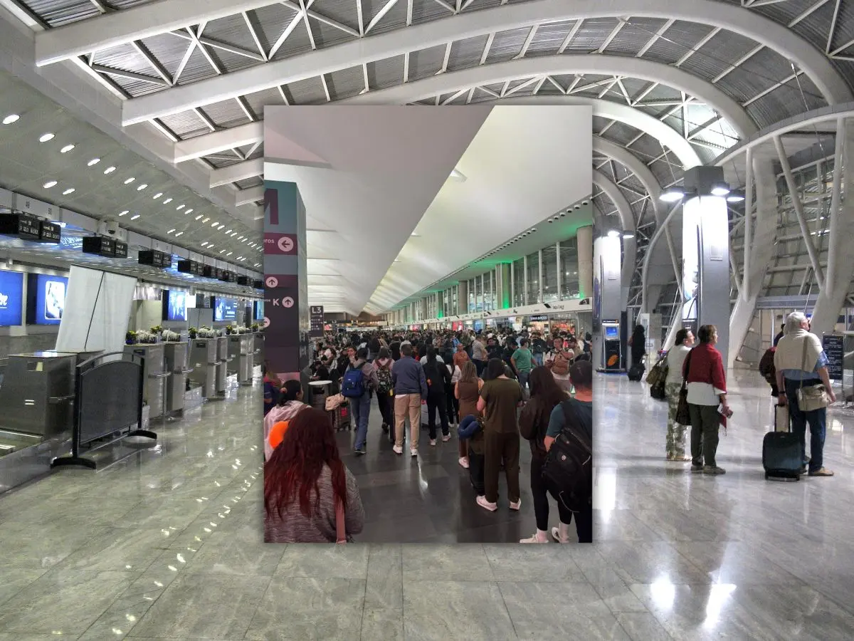 Miles de usuarios del Aeropuerto Internacional de CDMX, entre los que se encontraban varios yucatecos, quedaron varados por la cancelación y demora de vuelos por las intentas lluvias que se registraron el domingo.- Fuente Dealers de Opinión y Canva