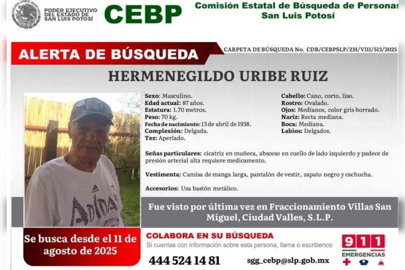Ficha de búsqueda emitida por la Comisión Estatal de Búsqueda de Personas de San Luis Potosí. Foto: CEBP