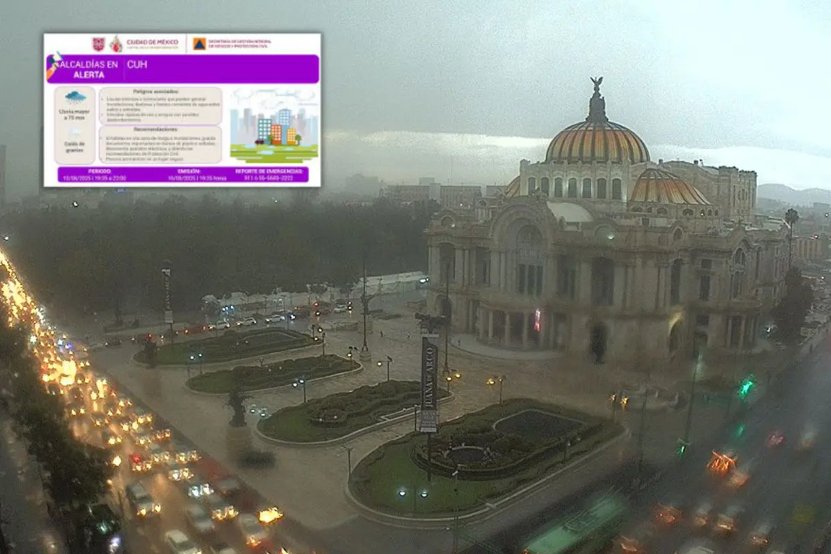 Vista del Palacio de Bellas Artes en día de lluvia en CDMX, Alerta Púrpura. Foto: X (@webcamsdemexico) | SGIRPC | Canva