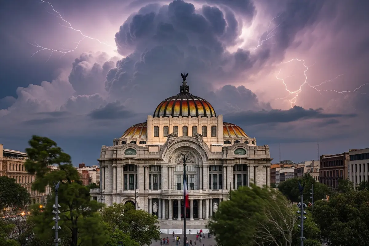 Palacio de Bellas Artes en CDMX con nubes de tormenta.    Foto: IA