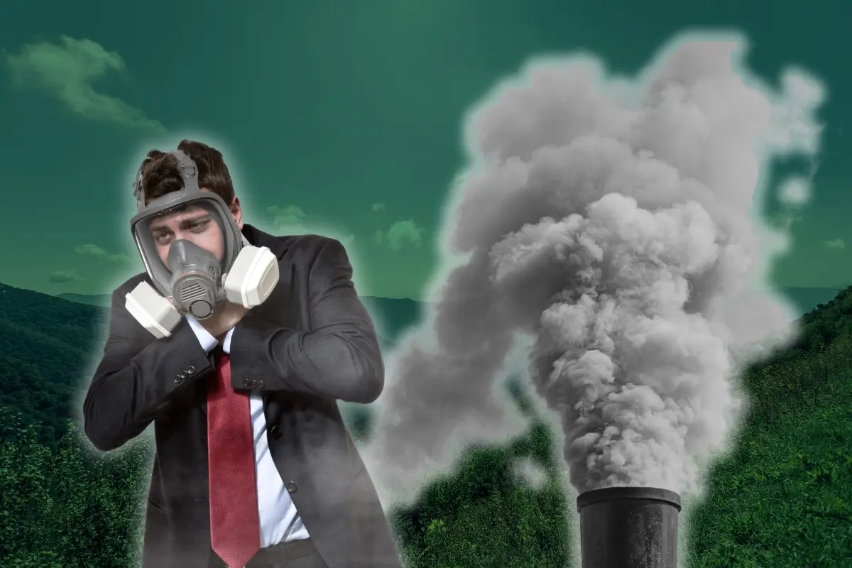 Un cerro, una fumarola y un hombre con mascarilla. Foto: Canva