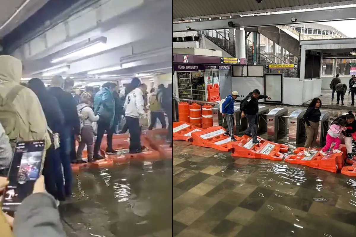 Inundación en estación del Metro Pantitlán en CDMX. Foto: X (@porktendencia) | IG (@urbanacdmx) | Canva