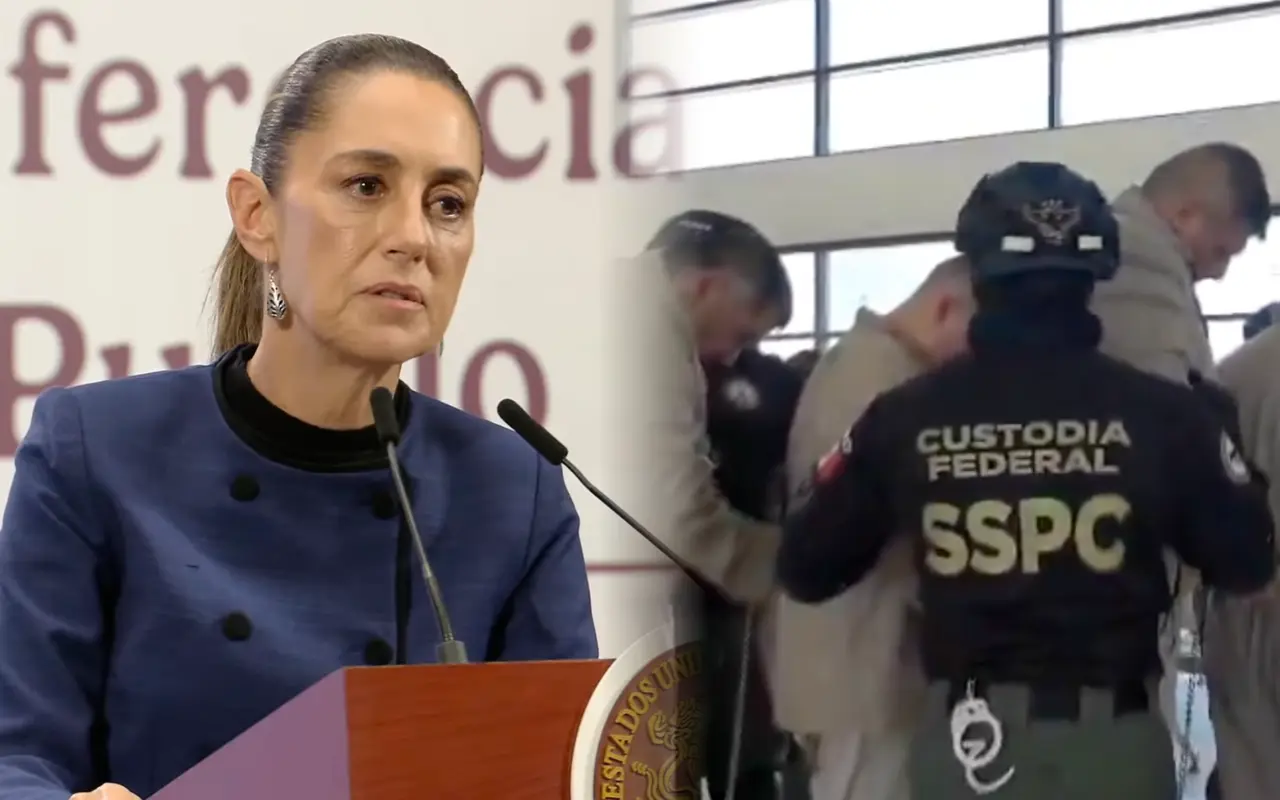 Claudia Sheinbaum y momento en el que algunos de los delincuentes mexicanos son trasladados. Captura de pantalla: YouTube (Gobierno de México) / X (@ioangrillo)