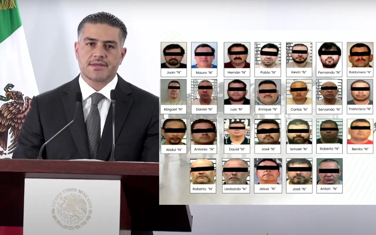 Omar García Harfuch y 26 narcotraficantes enviados a EEUU. Captura de pantalla: YouTube (Secretaría de Seguridad y Protección Ciudadana)