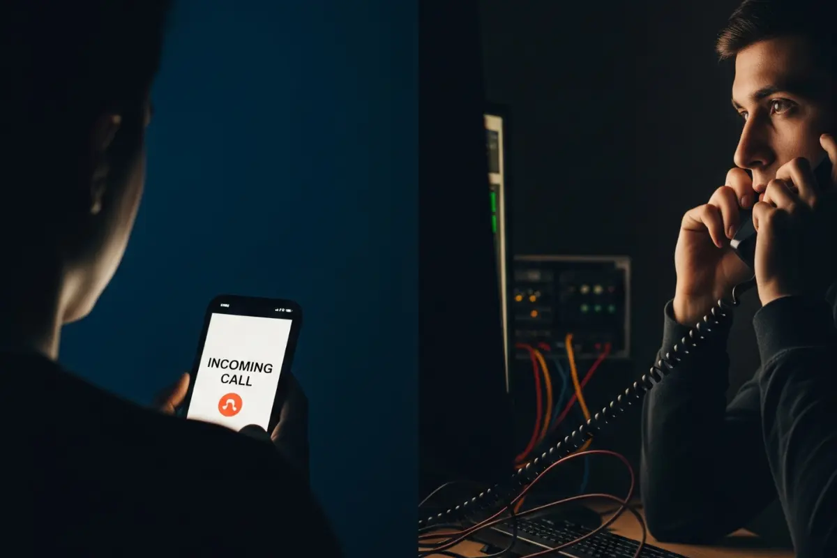 Personas hablando por teléfono para extorsionar.     Foto: AI