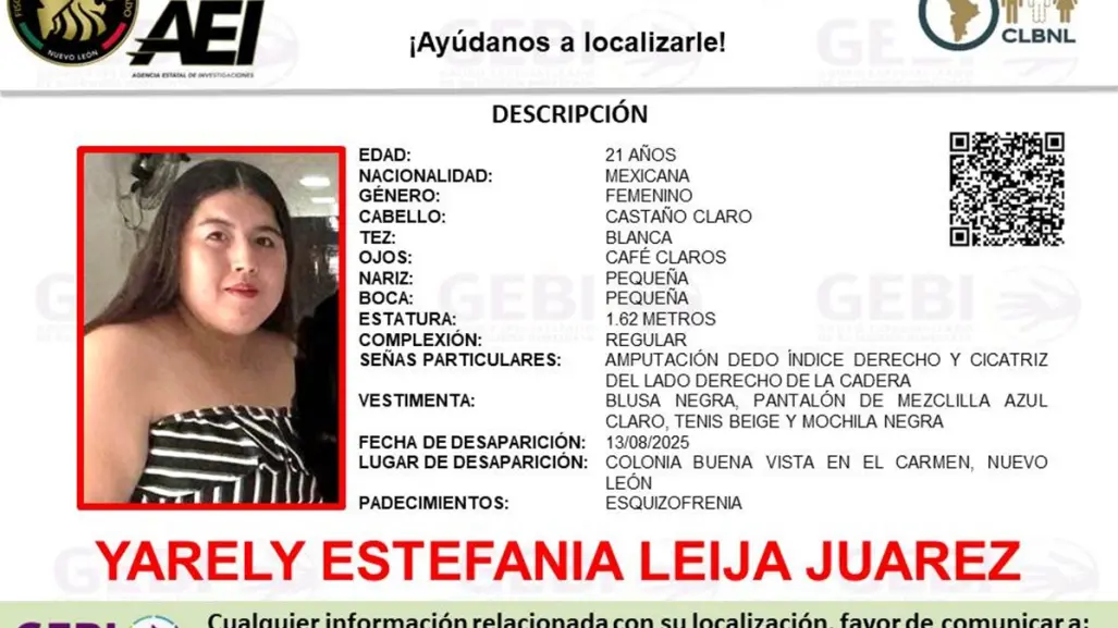 Desaparece Yarely Estefanía Leija Juárez en El Carmen, Nuevo León