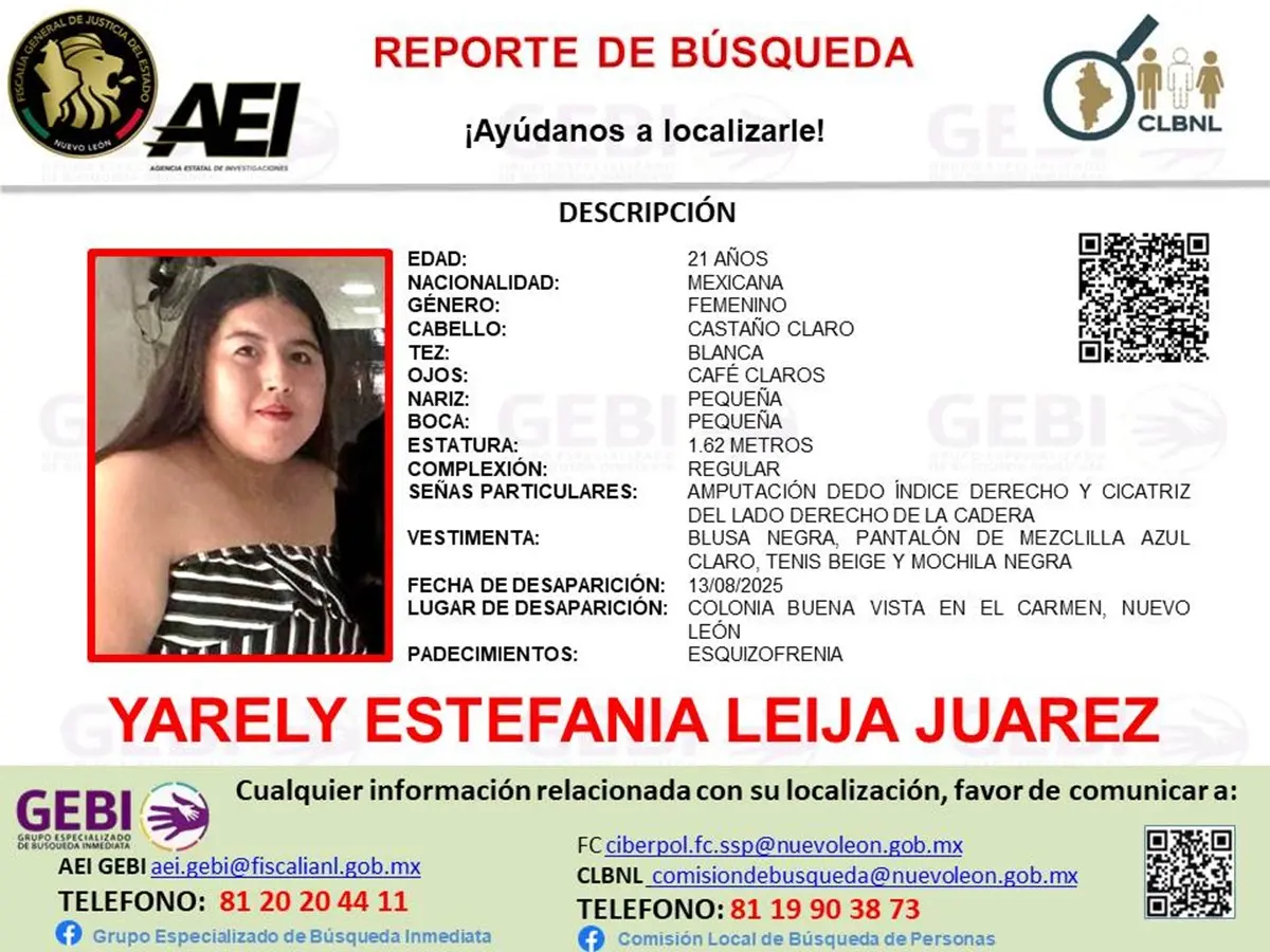 Yarely Estefanía Leija Juárez, de 21 años, quien sufre esquizofrenia, se encuentra desaparecida desde el pasado miércoles 13 de agosto en El Carmen, Nuevo León. Foto: Facebook Grupo Especializado de Búsqueda Inmediata
