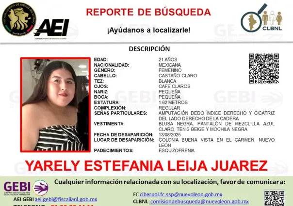 Desaparece Yarely Estefanía Leija Juárez en El Carmen, Nuevo León
