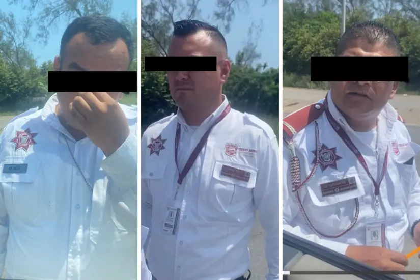 Oficiales de Tránsito y Vialidad de Ciudad Madero presuntamente involucrados en el intento de extorsión. Foto: Axel Hassel