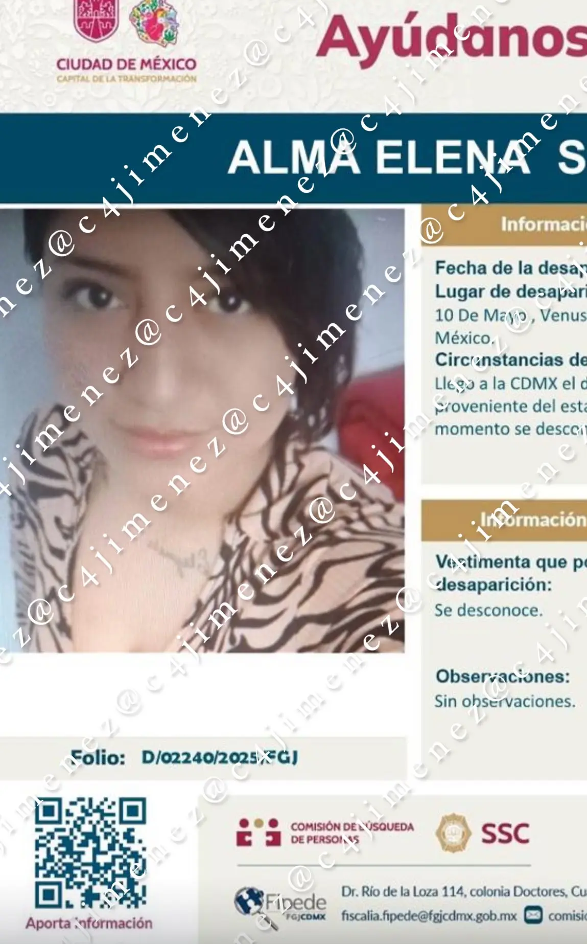 Ficha de búsqueda de Alma Elena. Foto: X @c4jimenez