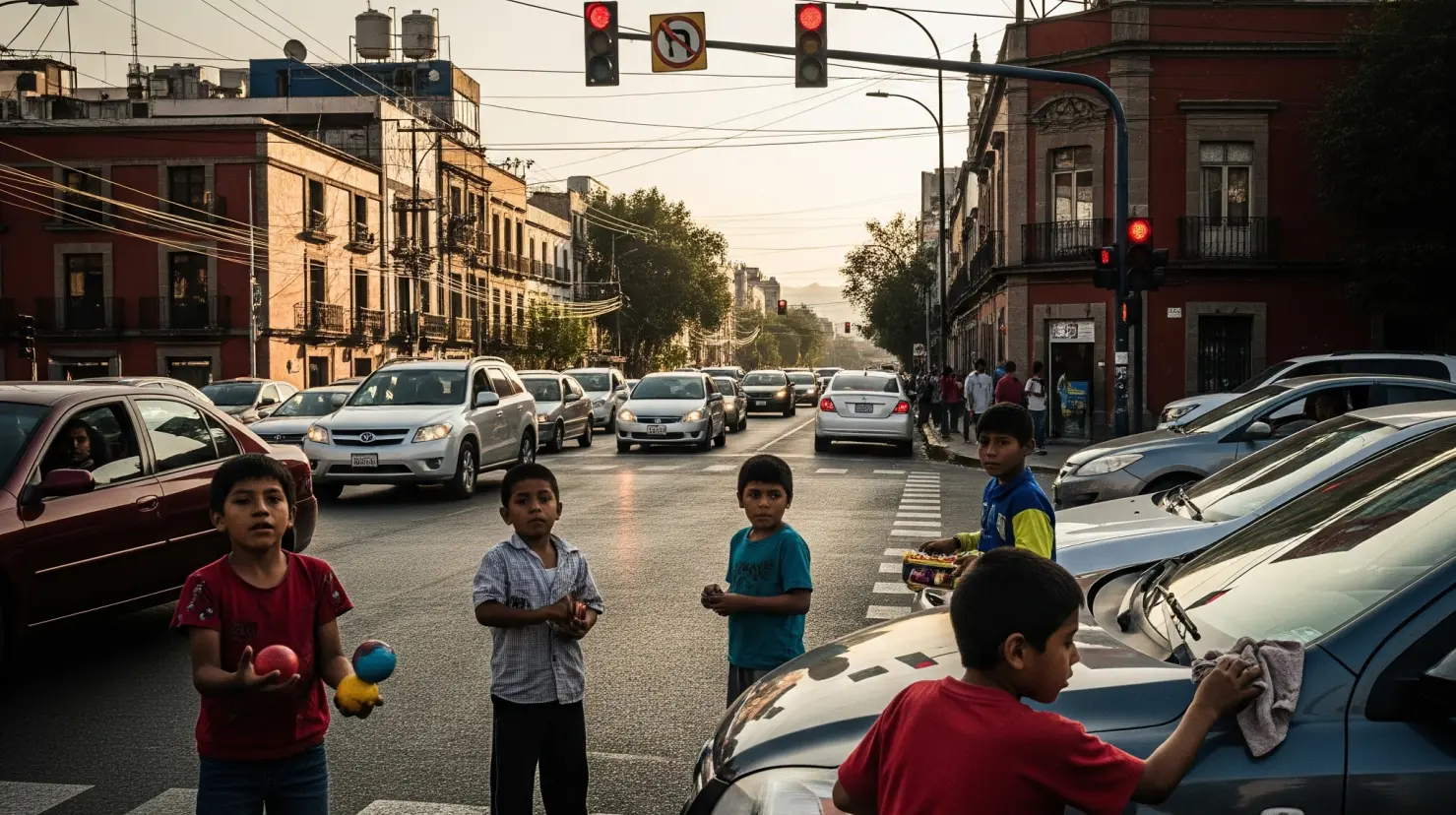 Niños trabajando en semáforos de CDMX. Foto: creada con IA