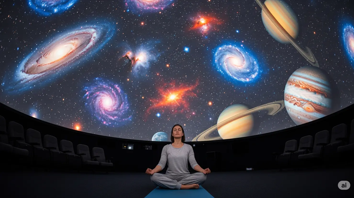 Persona meditando en el planetario en CDMX.  Foto: creada con IA