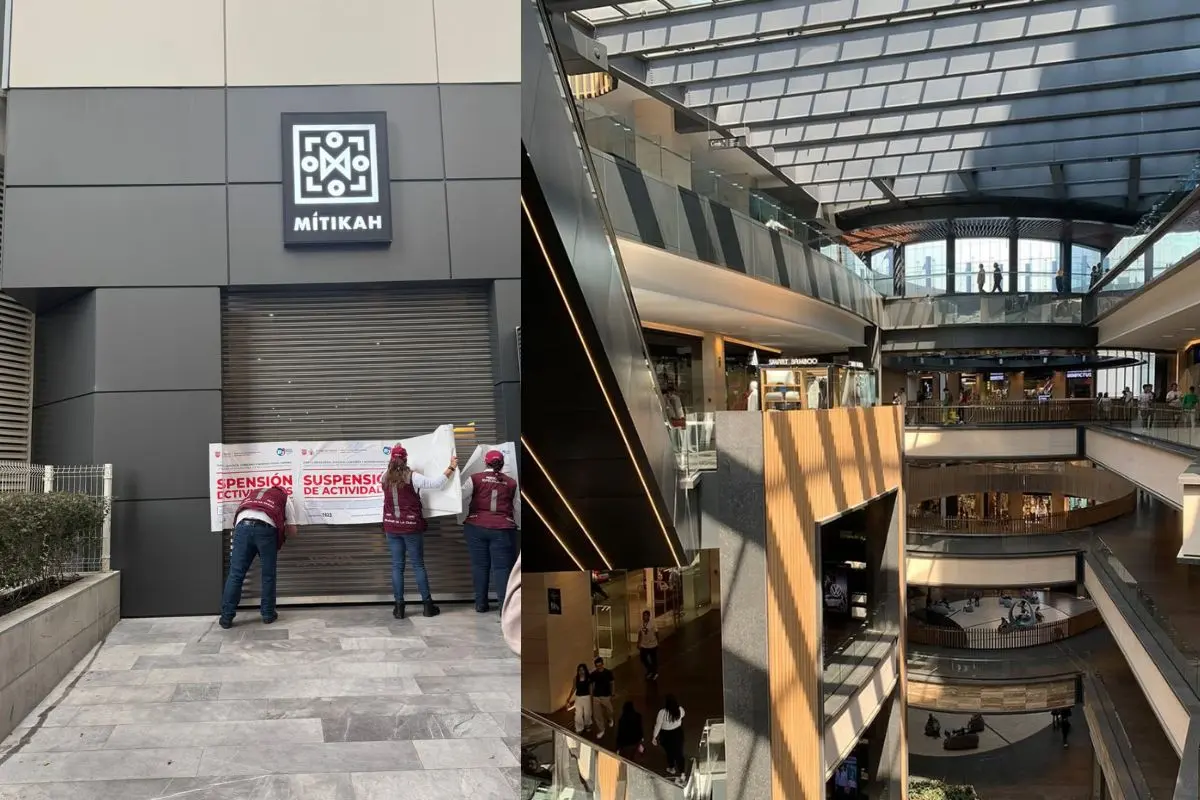 Personal de la alcaldía Benito Juárez colocando sellos de clausura a Plaza Mítikah, interior Plaza Mítikah.  Foto: X (@LuisMendozaBJ) | IG (@Mitikahmall) | Canva