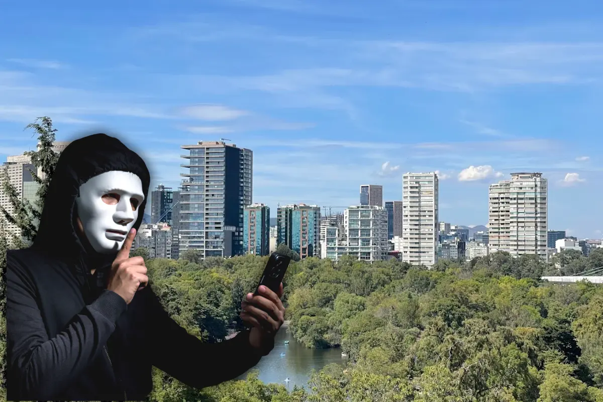 De fondo Bosque de Chapultepec, ilustración de extorsión. Foto: Maps Eliana Perriado | Canva
