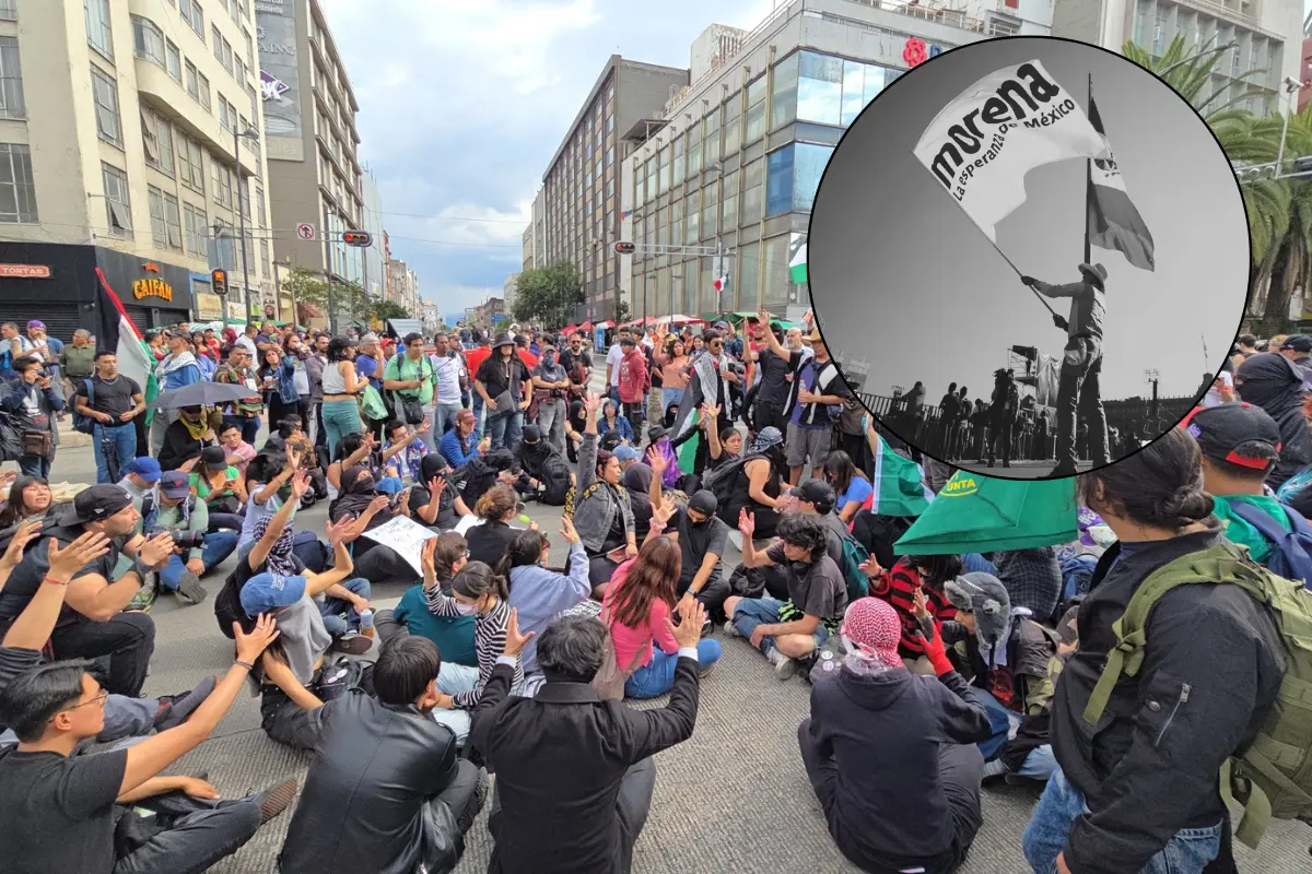 De fondo marcha, bandera de Morena. Foto: POSTA CDMX | IG @morena_partido