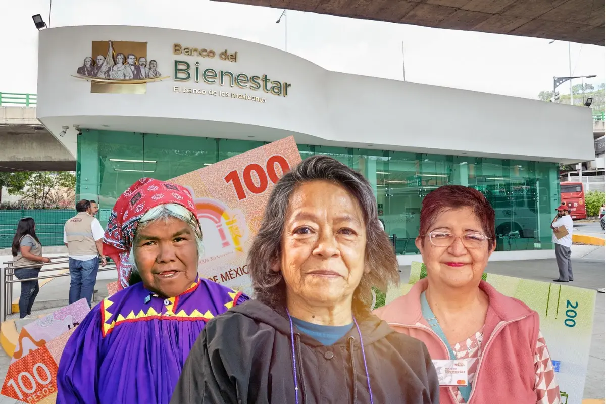 Mujeres adultas mayores, Banco del Bienestar y billete de 100 pesos. Foto: Banco del Bienestar | Secretaría del Bienestar | Canva