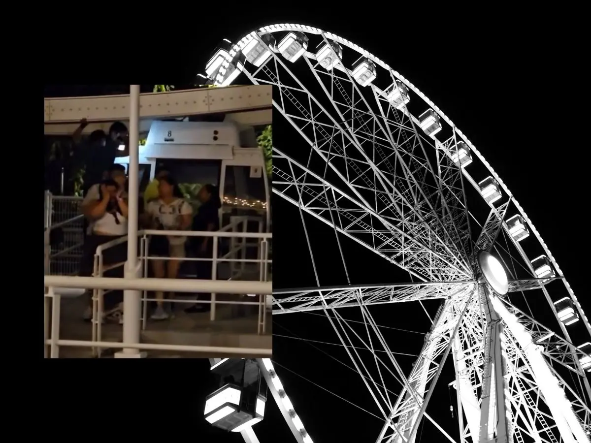 Al menos 6 personas se llevaron tremendo susto la noche del lunes luego de quedar atrapadas por varios minutos en las góndolas de una rueda de la fortuna que dejó de funcionar en plaza La Isla de Cancún.- Fuente Canva y Bullet Qroo