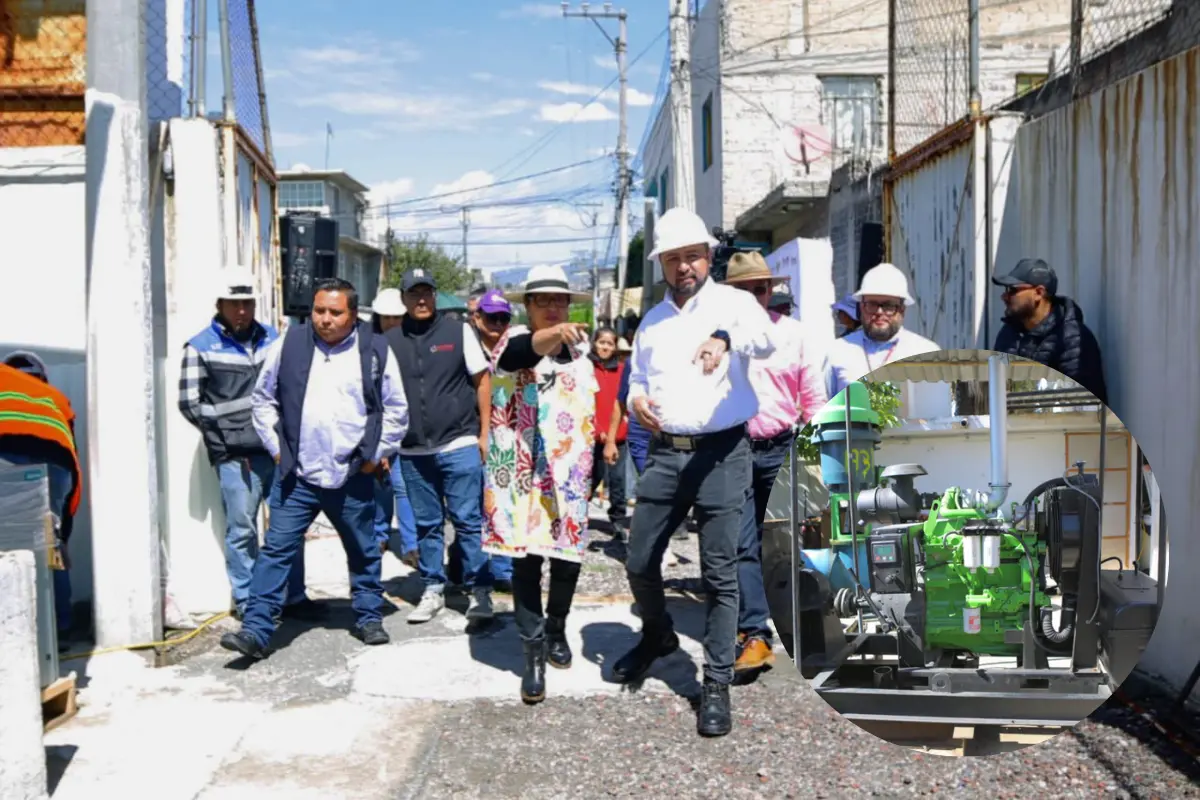 Autoridades en obras de rehabilitación de los cárcamos en Ecatepec.  Foto: X (@azucenacisneros) | Canva