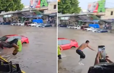 Trabajadores hacen competencia de clavados en el Mercado de Abastos de Guadalajara