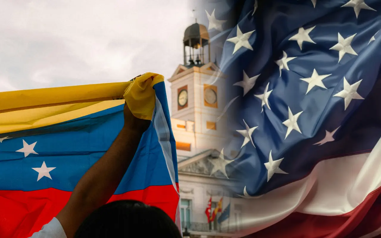 Persona sosteniendo bandera de Venezuela y bandera de Estados Unidos. Foto: Canva