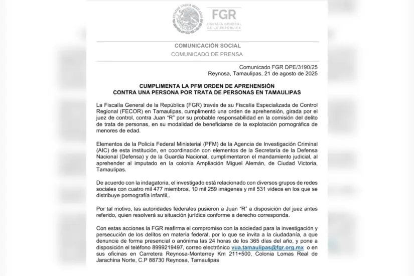 Comunicado de la Fiscalía General de la República sobre la detención. Foto: FGR