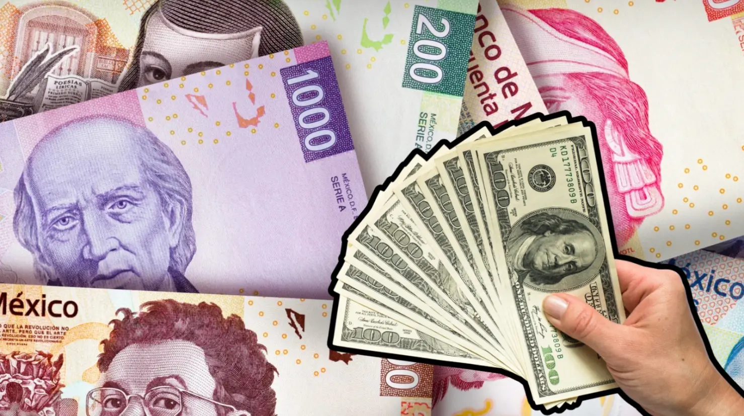De fondo billetes mexicanos, mano con dólar. Foto: Canva